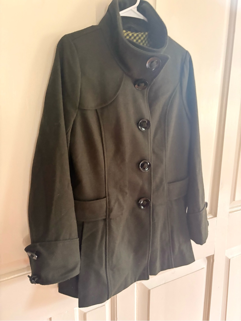 Steve Madden Women’s Medium Olive Green Wool Blend Funnel Neck Pea Coat Jacket